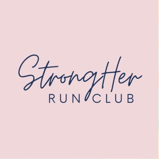 StrongHer Run Club logo in navy script and block lettering on a blush pink background